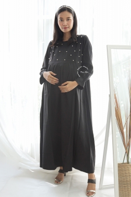 Mutiara Gamis Ibu Hamil Menyusui Muslim Manik Dada - GMS 262 Hitam